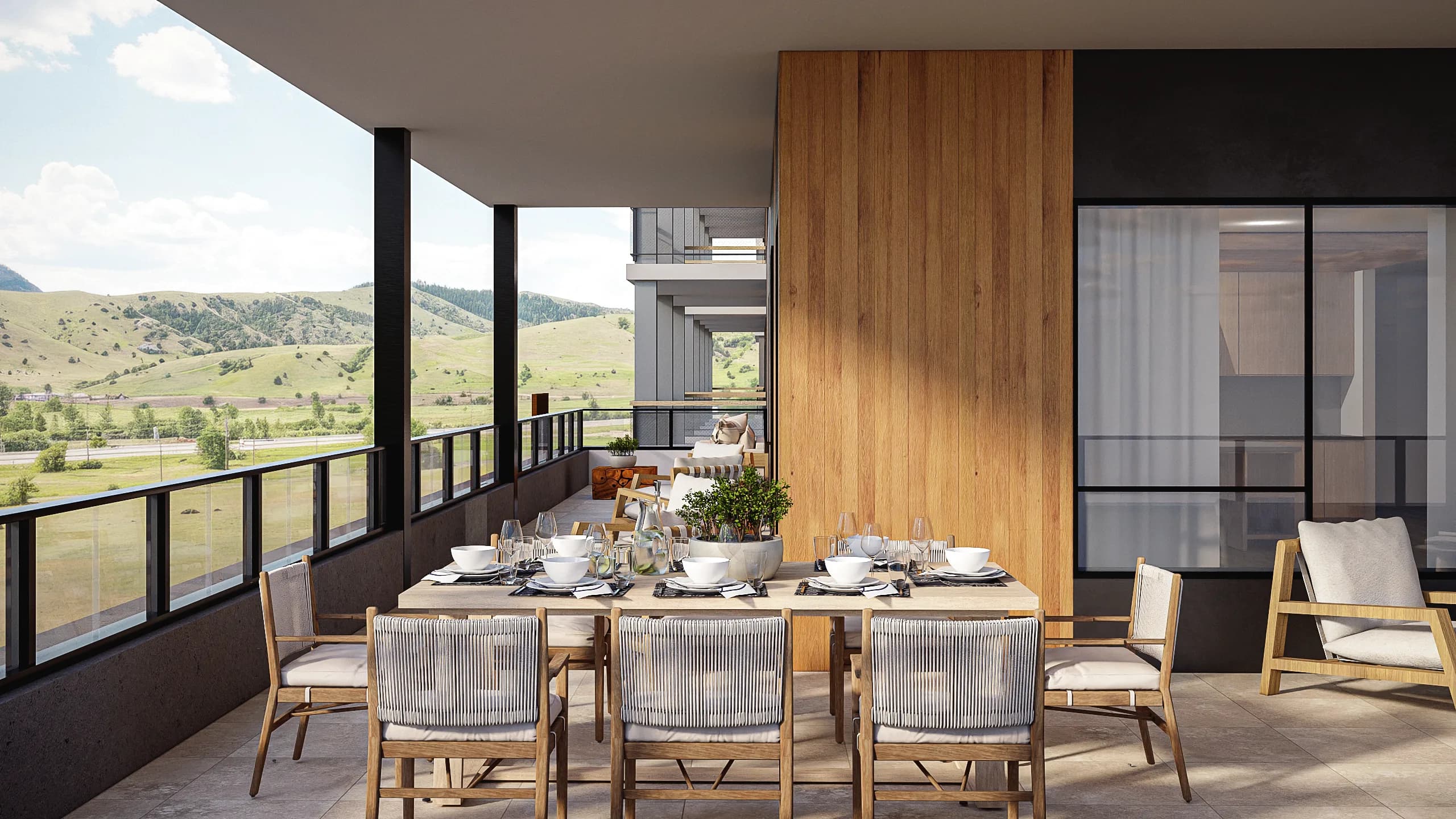 Bozeman Yards balcony dining with mountain views — Reverie3D mountain modern, Montana