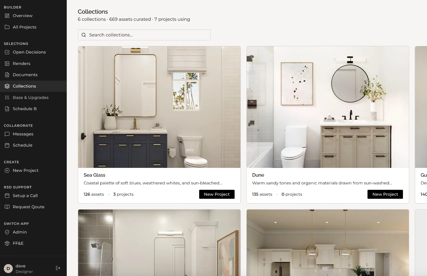Reverie3D builder platform — collections, selection tracking, rendering management, and install coordination
