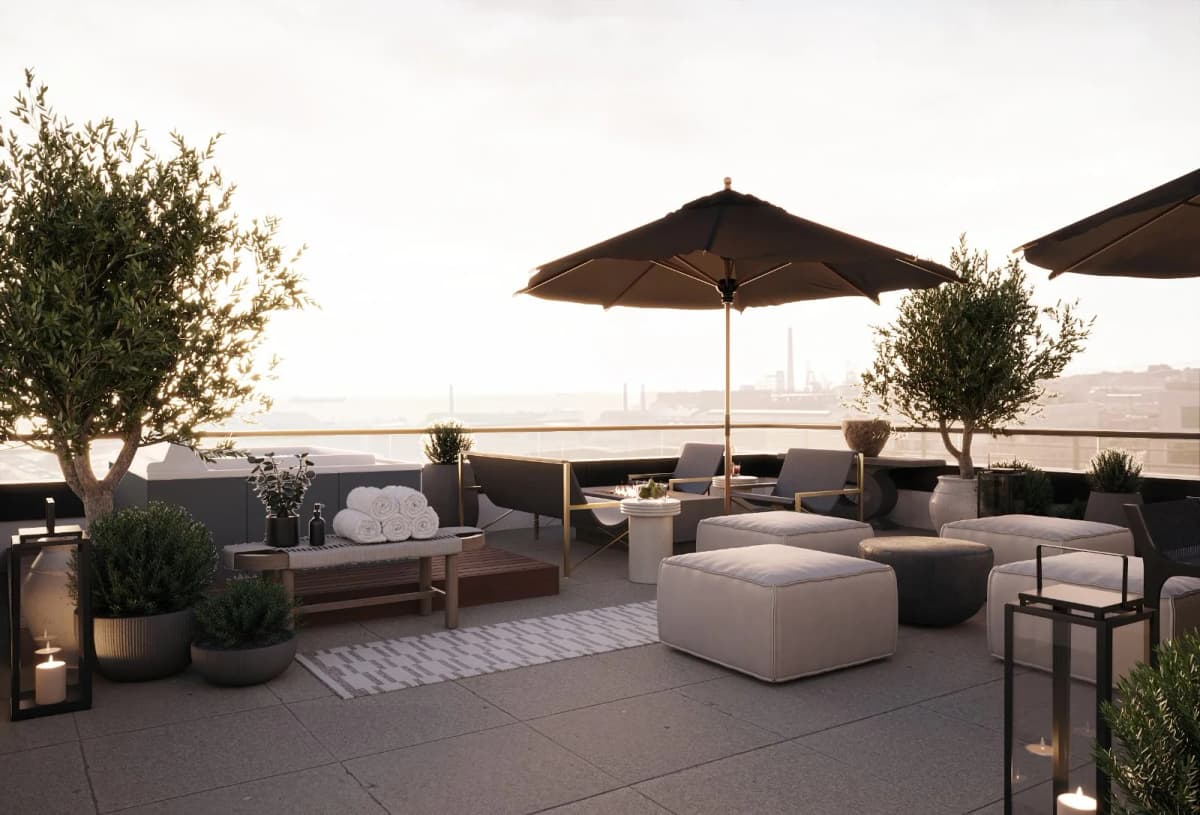 Dogpatch San Francisco townhouse rooftop terrace at twilight — Reverie3D