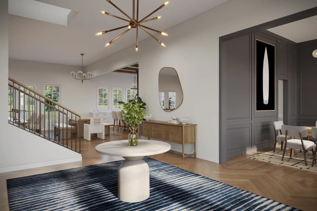 Reverie3D-designed entry and great room for a luxury lakehouse new build