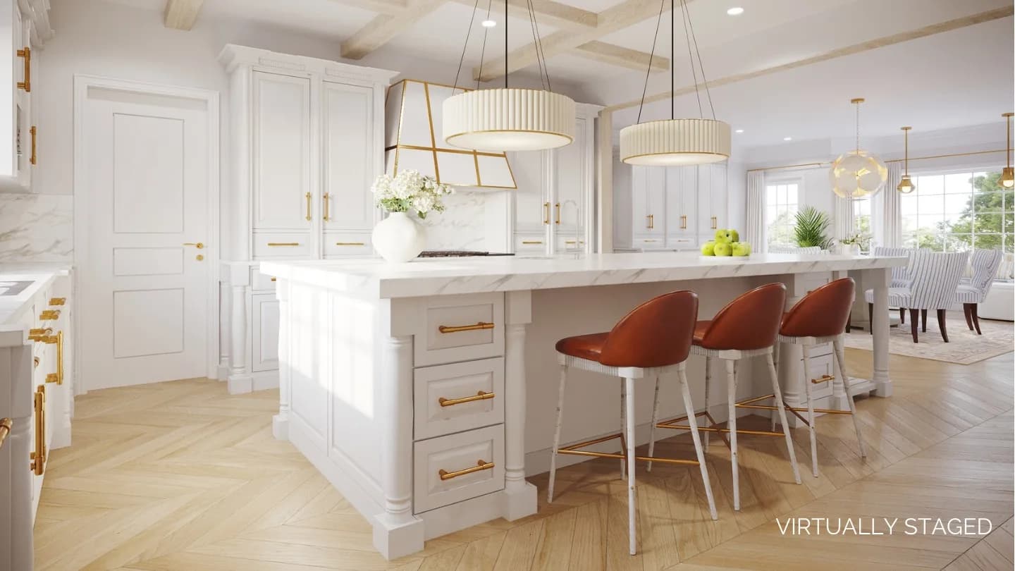 Reverie3D luxury kitchen render — warm gold tones with custom cabinetry