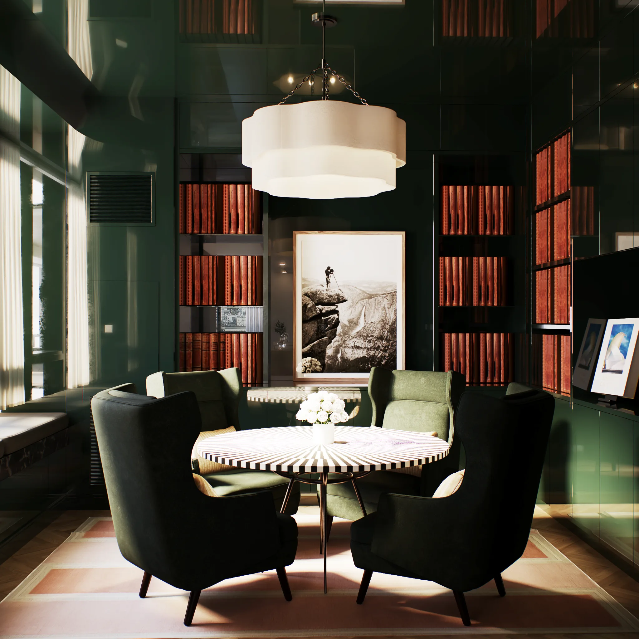 Reverie3D dark emerald library lounge with built-in bookshelves and a round dining table — portfolio of selected works